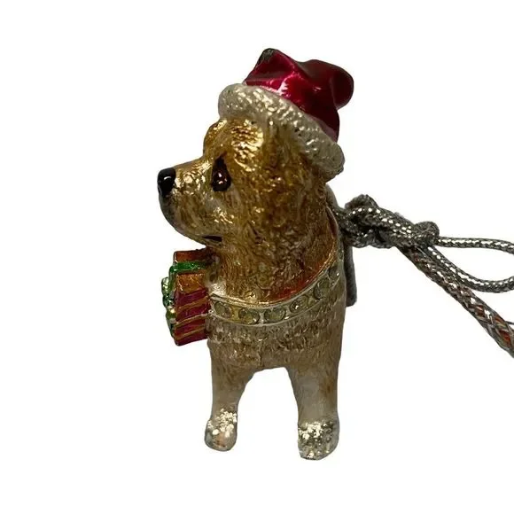 Dog Terrier Red Hat Rhinestone Necklace Gift Enamel Christmas Ornament